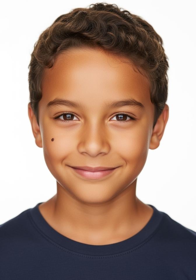 Lucas — AI child model: Curly brown hair, beauty mark, playful